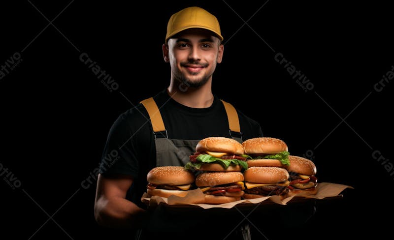Imagem de um garçom de hamburgueria com fundo preto 49