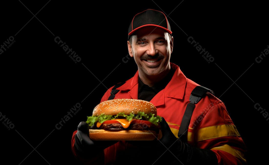 Entregador sorridente segurando hambúrguer gigante