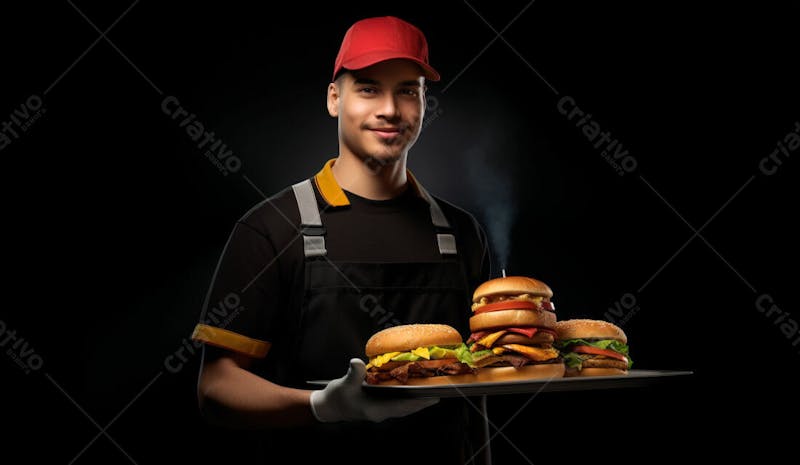 Imagem de um garçom de hamburgueria com fundo preto 52