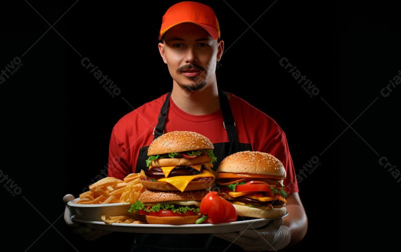 Imagem de um garçom de hamburgueria com fundo preto 53