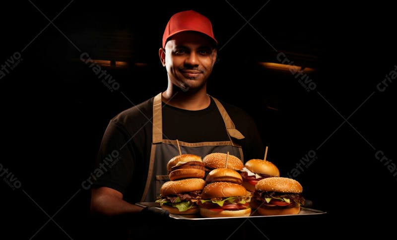 Imagem de um garçom de hamburgueria com fundo preto 54