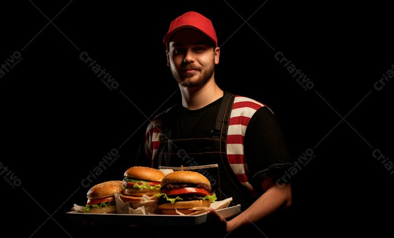 Imagem de um garçom de hamburgueria com fundo preto 55