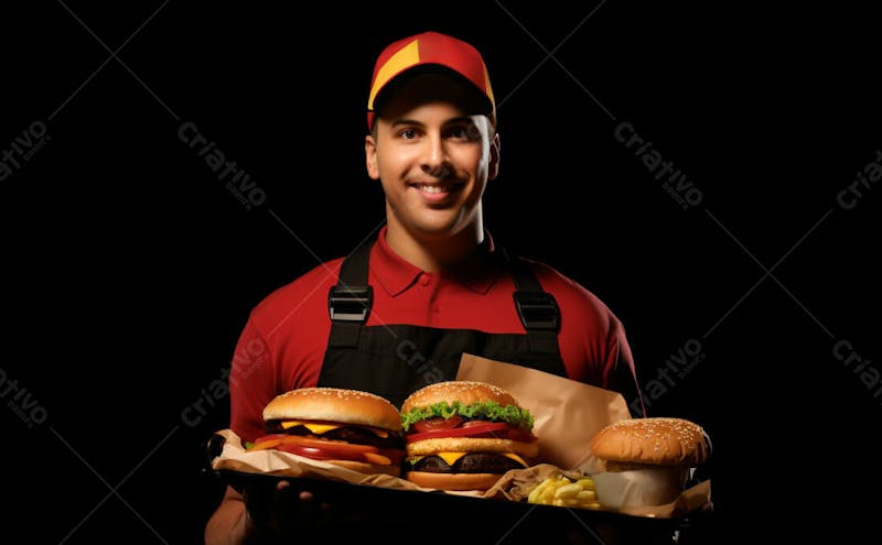 Imagem de um garçom de hamburgueria com fundo preto 57