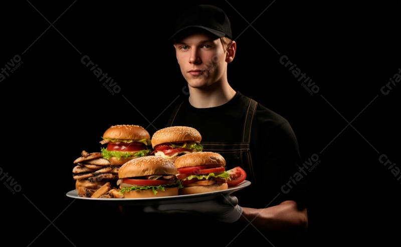 Imagem de um garçom de hamburgueria com fundo preto 58