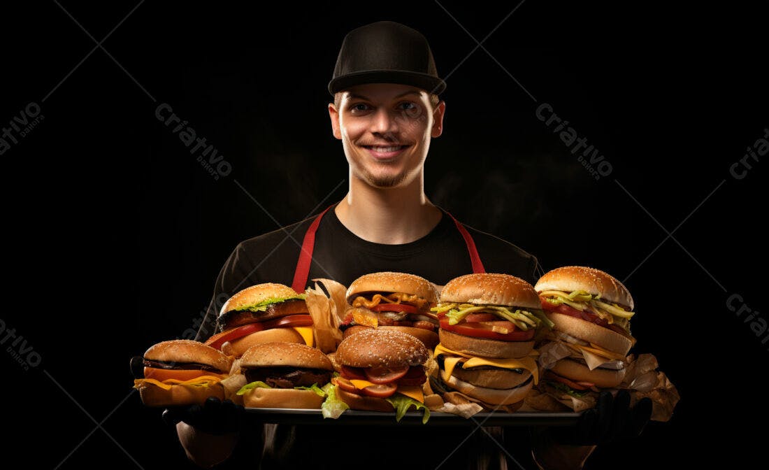 Homem sorrindo segurando bandeja de hambúrgueres