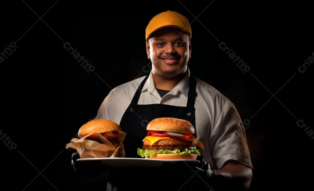 Cozinheiro sorridente com hambúrgueres deliciosos