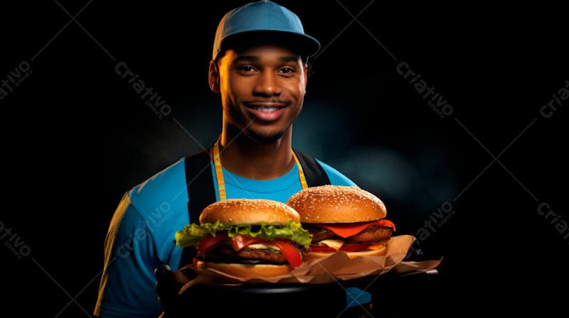 Imagem de um garçom de hamburgueria com fundo preto 61