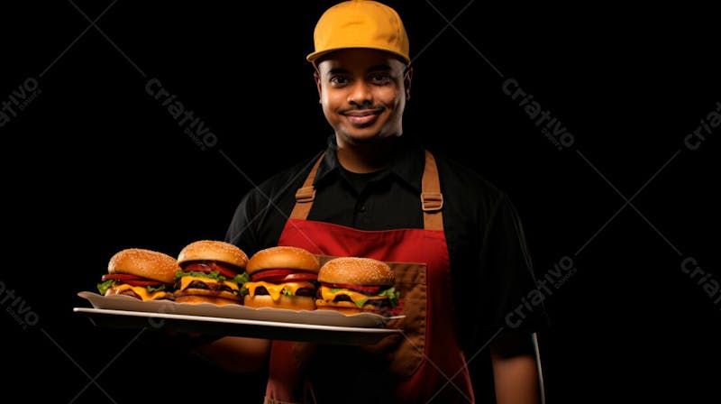 Imagem de um garçom de hamburgueria com fundo preto 62