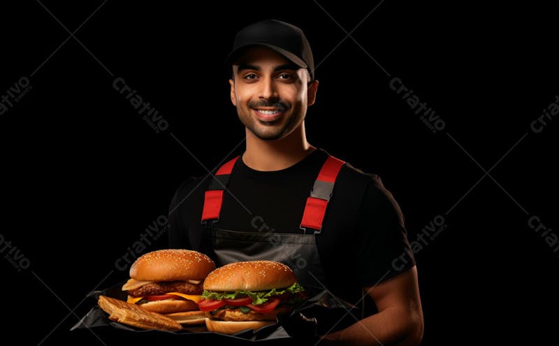 Imagem de um garçom de hamburgueria com fundo preto 63