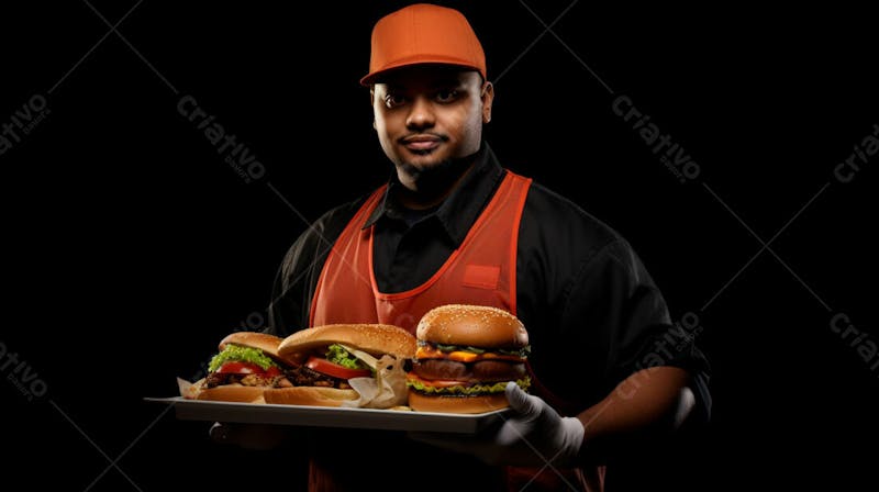 Imagem de um garçom de hamburgueria com fundo preto 64