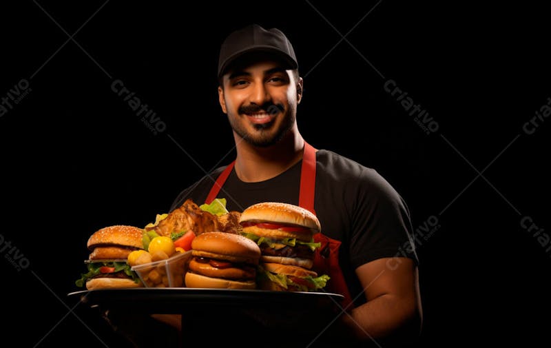Imagem de um garçom de hamburgueria com fundo preto 65