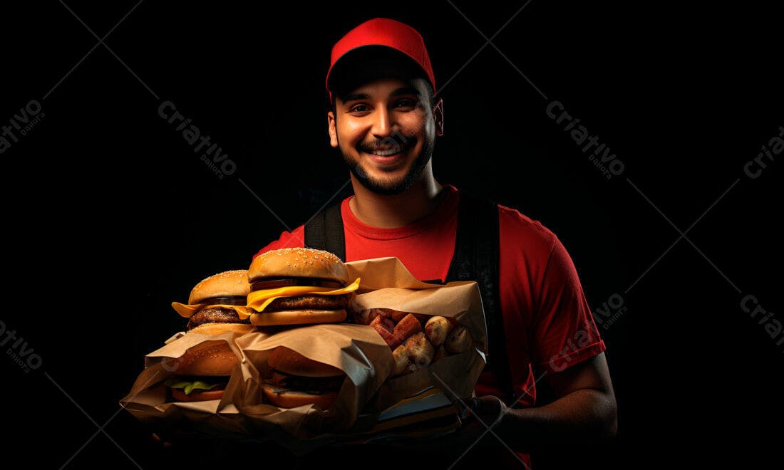 Entregador feliz com hambúrgueres e batata frita