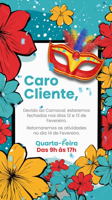 Aviso de carnaval story psd editável