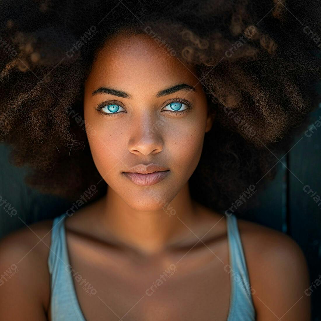 Retrato mulher negra olhos azuis cabelo afro