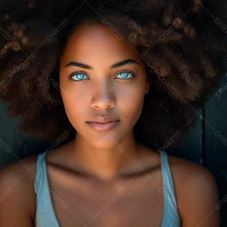 Imagem de uma bela mulher negra, com cabelos afro e olhos azuis cativantes 1