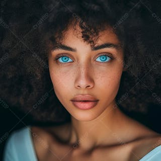 Imagem de uma bela mulher negra, com cabelos afro e olhos azuis cativantes 2