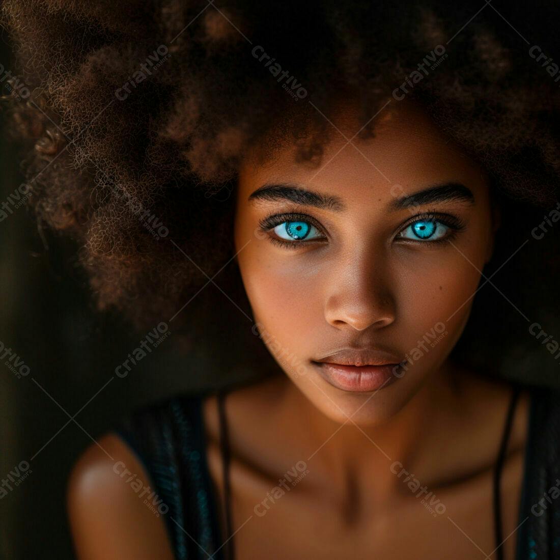 Retrato mulher negra olhos azuis cabelo afro