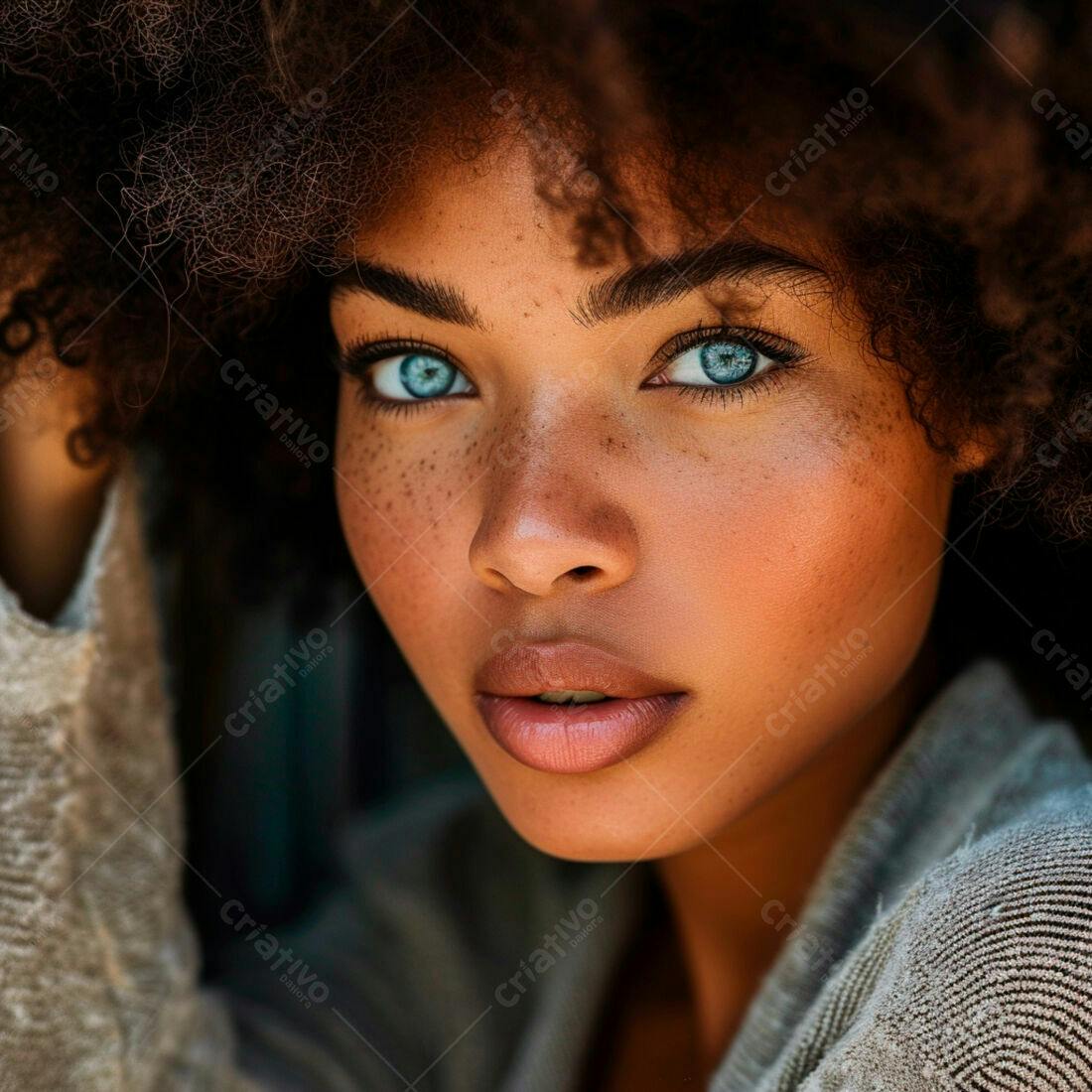 Retrato mulher negra olhos azuis pele bronzeada
