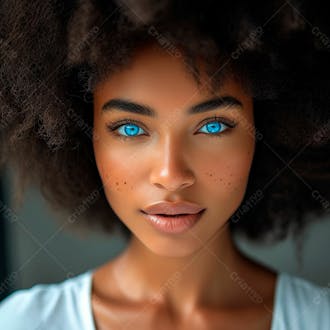 Imagem de uma bela mulher negra, com cabelos afro e olhos azuis cativantes 7