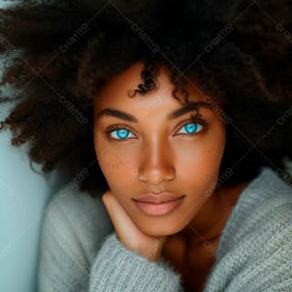 Imagem de uma bela mulher negra, com cabelos afro e olhos azuis cativantes 10