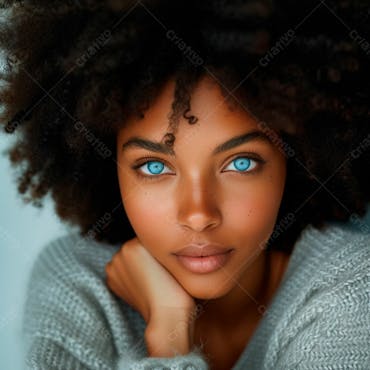 Imagem de uma bela mulher negra, com cabelos afro e olhos azuis cativantes 11