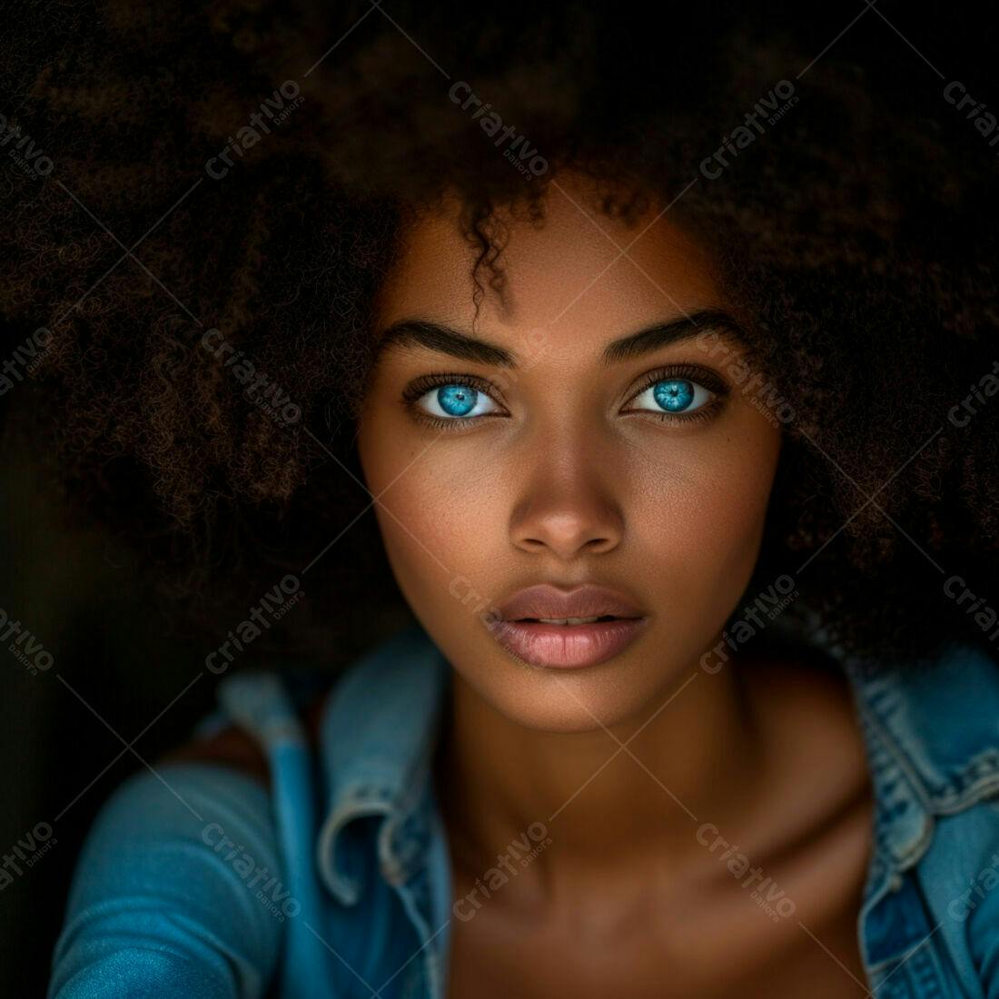 Retrato mulher negra olhos azuis cabelo afro
