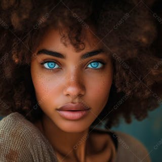 Imagem de uma bela mulher negra, com cabelos afro e olhos azuis cativantes 14
