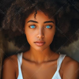 Imagem de uma bela mulher negra, com cabelos afro e olhos azuis cativantes 15