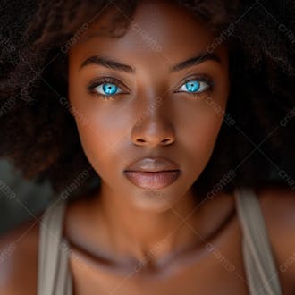 Imagem de uma bela mulher negra, com cabelos afro e olhos azuis cativantes 17