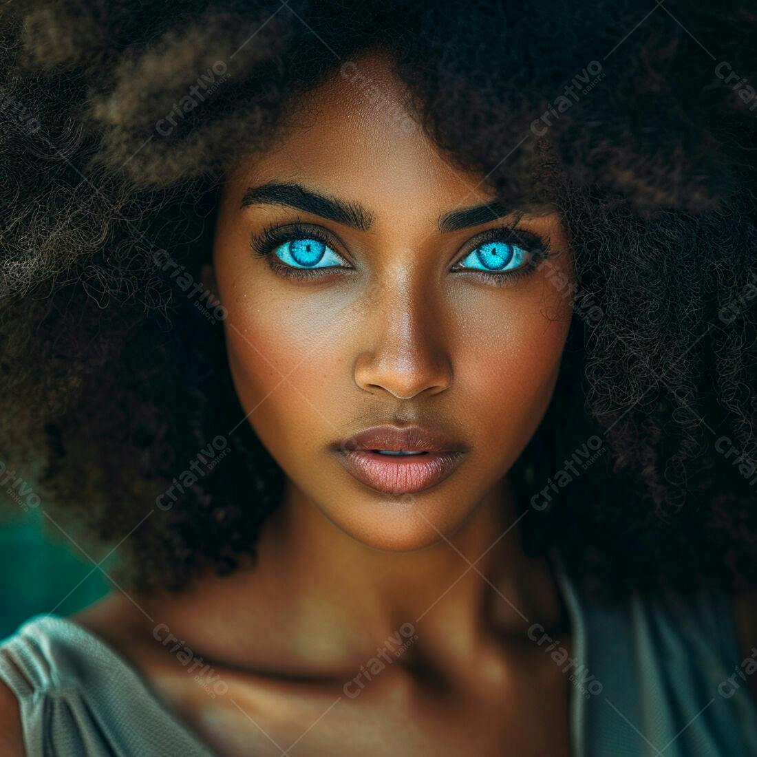 Retrato mulher negra olhos azuis cabelo afro