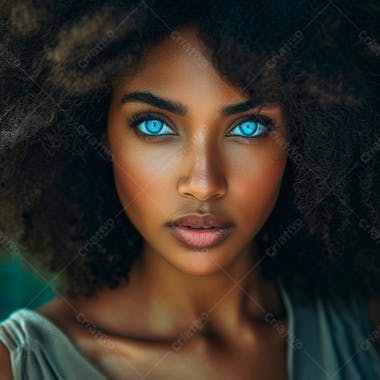 Imagem de uma bela mulher negra, com cabelos afro e olhos azuis cativantes 18