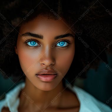 Imagem de uma bela mulher negra, com cabelos afro e olhos azuis cativantes 19