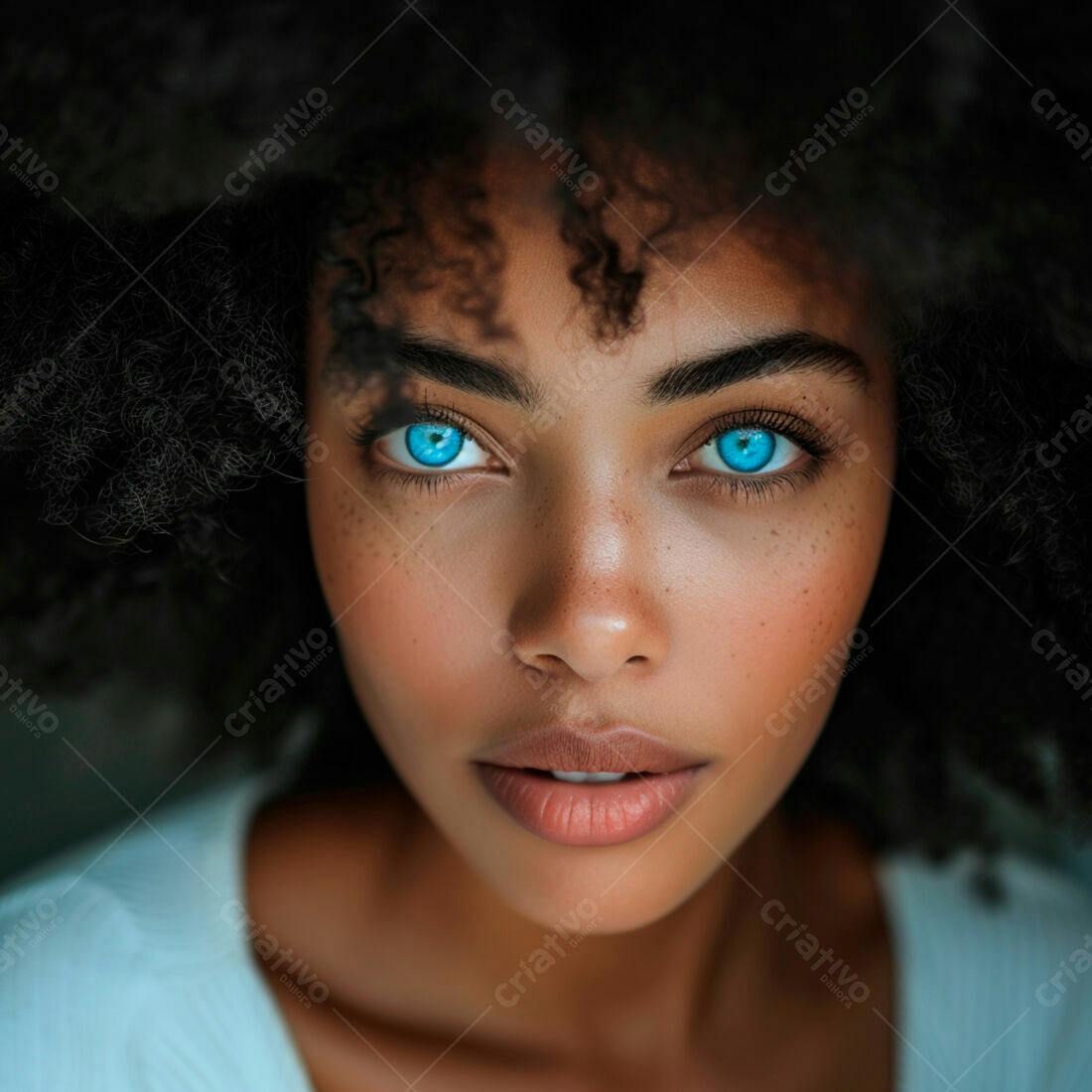Retrato mulher negra olhos azuis cabelo crespo