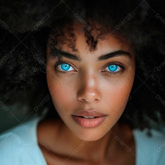 Imagem de uma bela mulher negra, com cabelos afro e olhos azuis cativantes 20