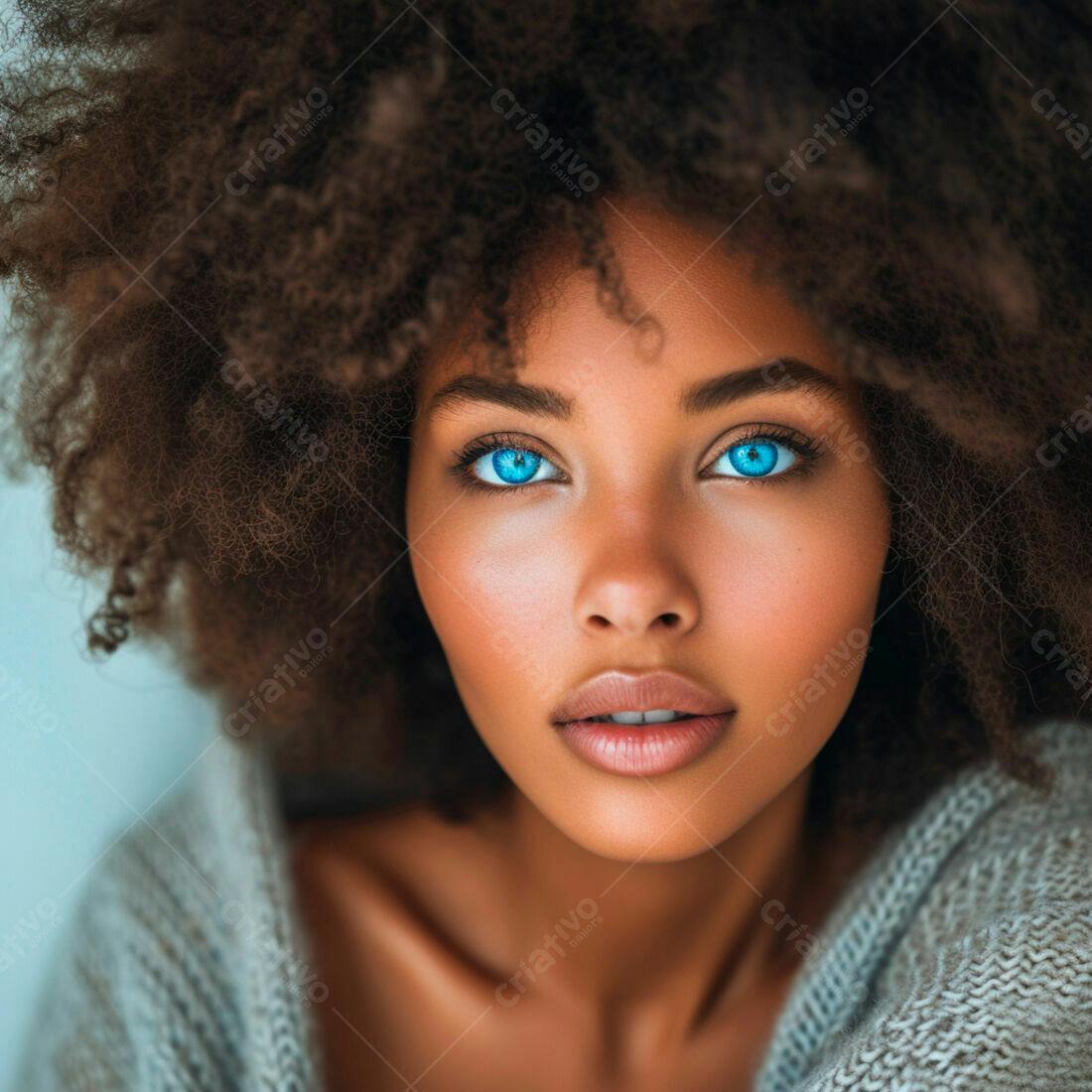 Mulher negra com olhos azuis e cabelo afro