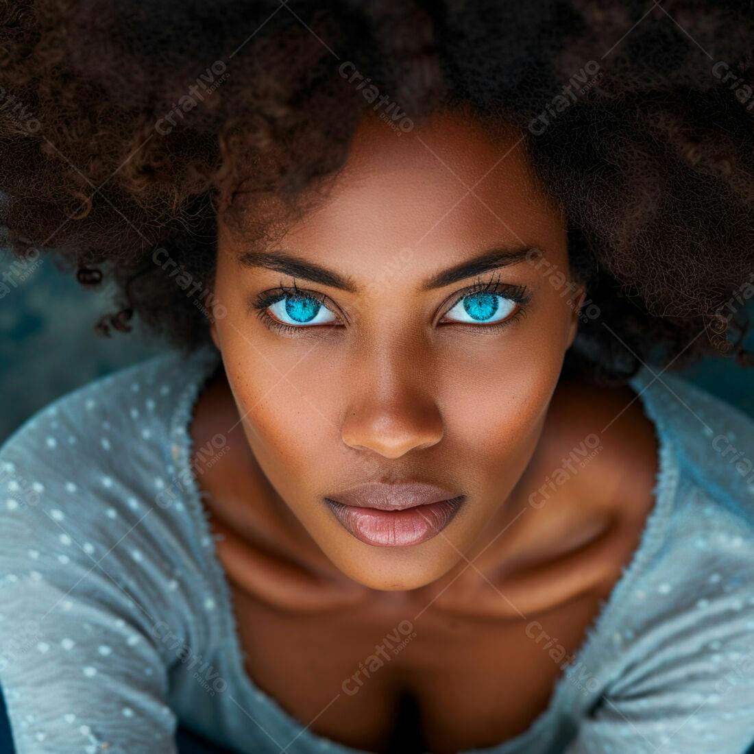 Retrato mulher negra olhos azuis cabelo afro