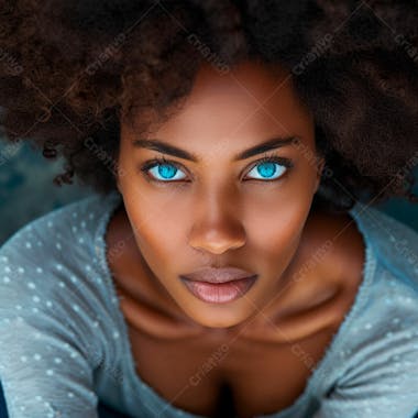 Imagem de uma bela mulher negra, com cabelos afro e olhos azuis cativantes 24