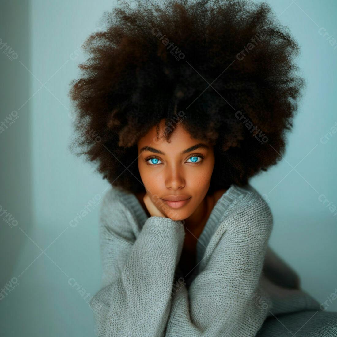 Mulher negra com cabelo afro e olhos azuis