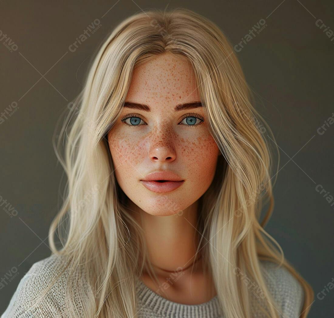 Retrato mulher loira olhos azuis sardas