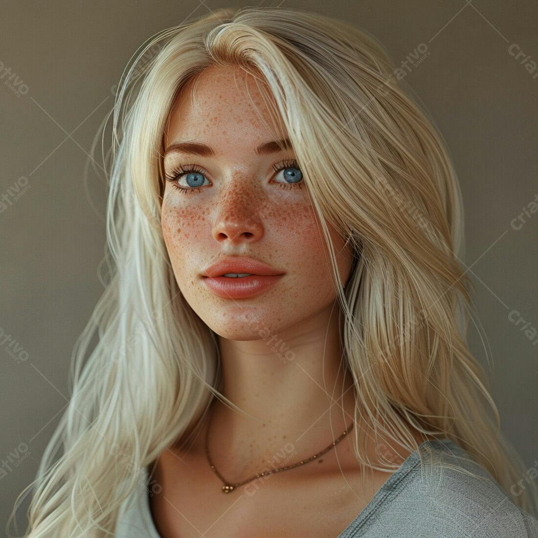Retrato feminino loira sardas olhos azuis