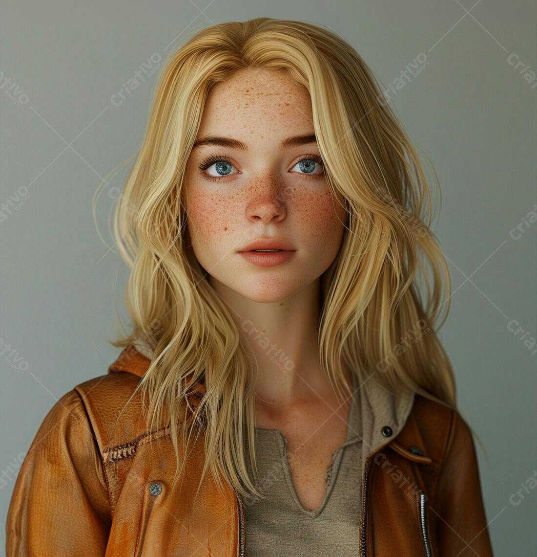 Mulher loira com sardas usando jaqueta marrom