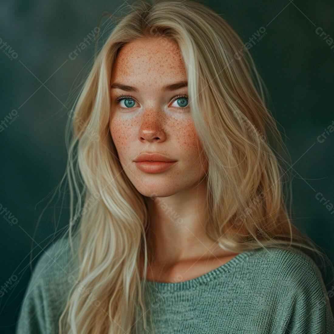 Mulher loira com sardas e olhos azuis