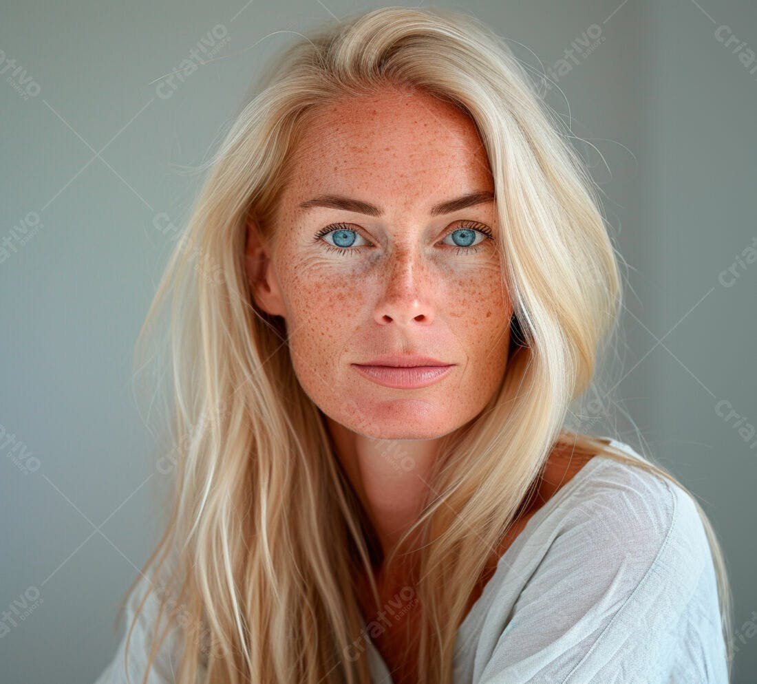Retrato mulher loira olhos azuis sardas
