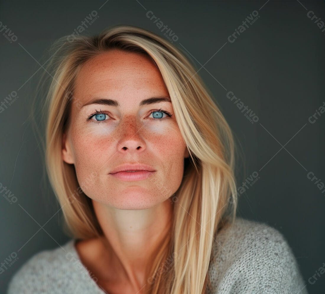 Mulher loira olhos azuis fundo cinza