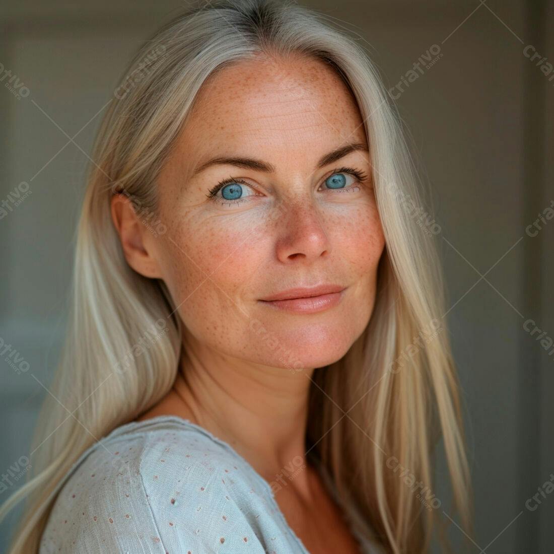 Mulher loira com olhos azuis sorrindo