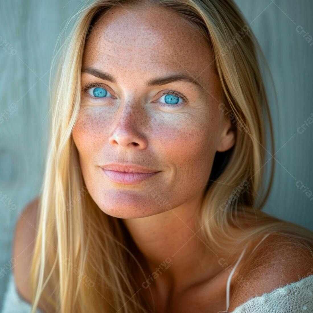 Mulher loira com olhos azuis e sardas