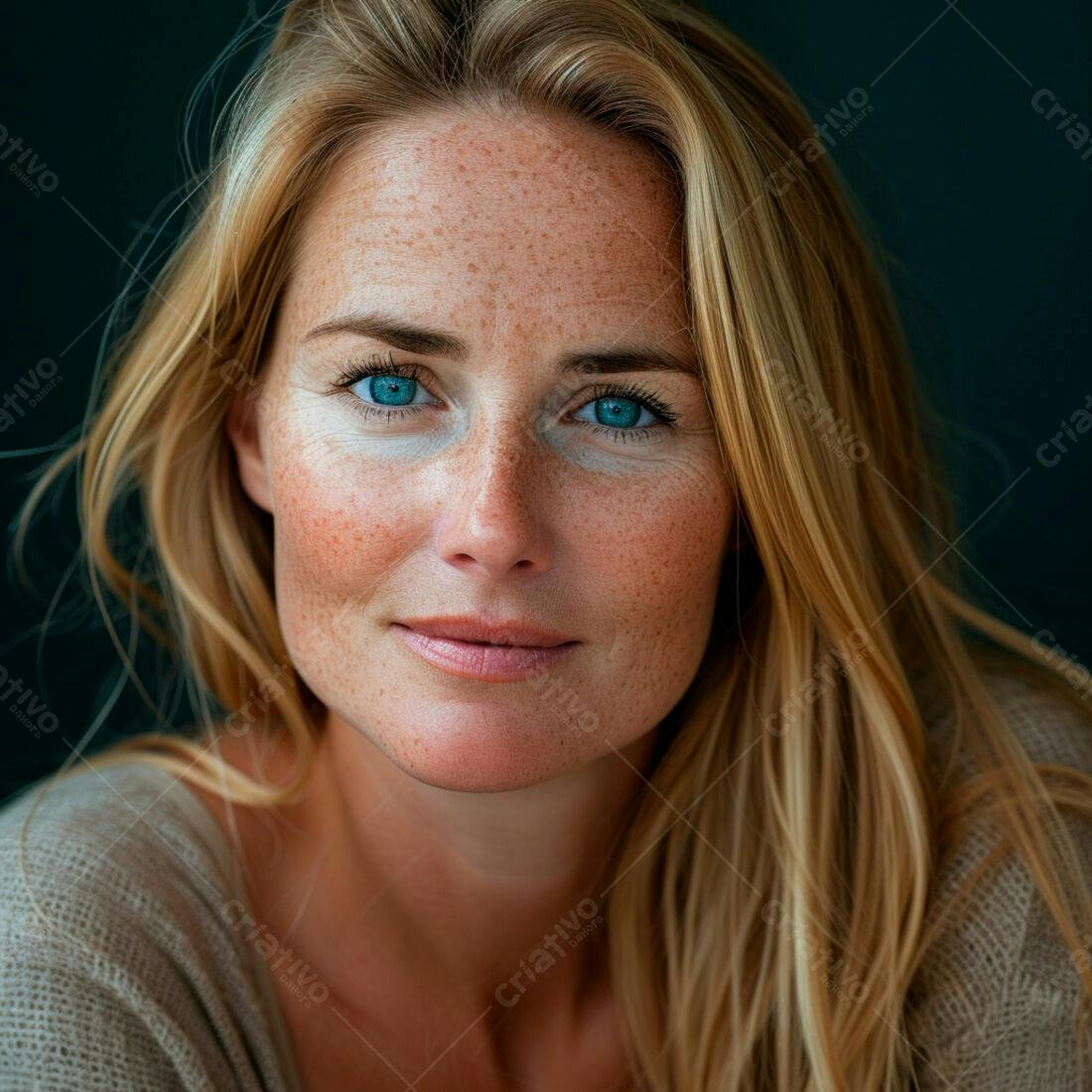 Mulher loira com sardas e olhos azuis