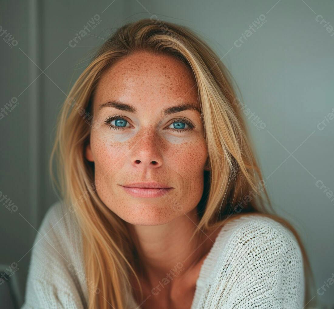Mulher loira com sardas olhos azuis