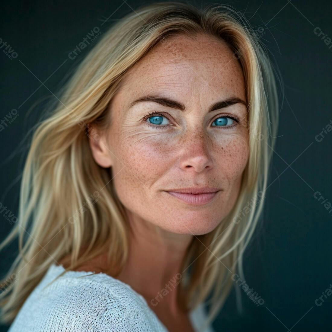 Mulher loira com olhos azuis sorrindo