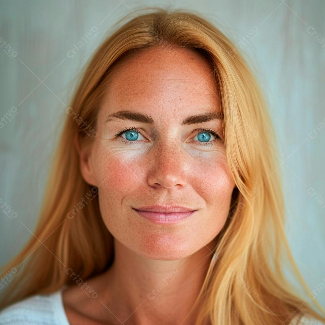 Mulher loira com olhos azuis sorrindo